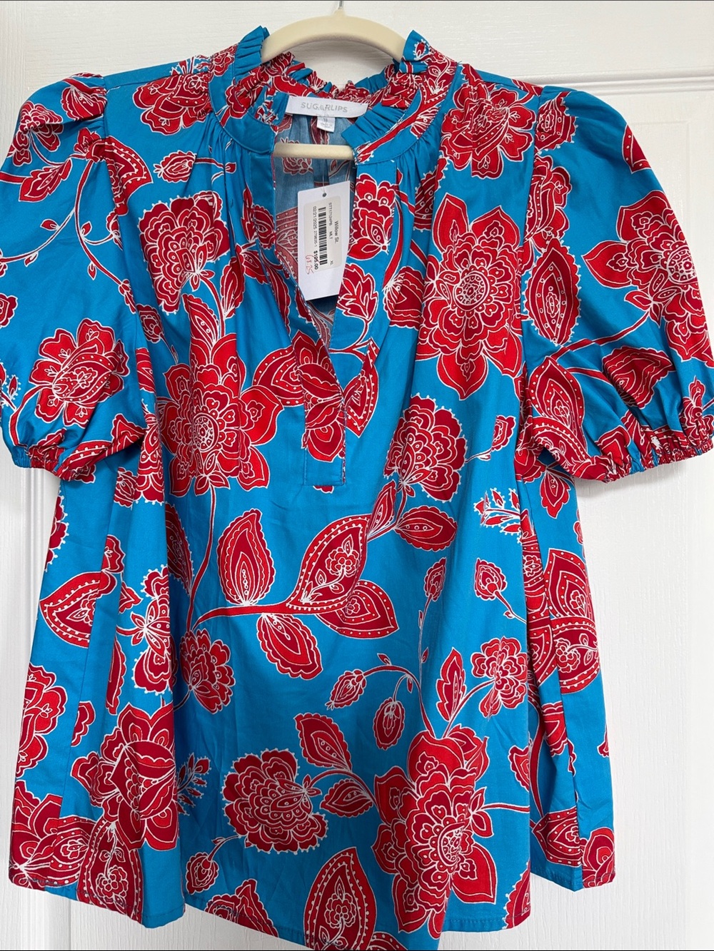 Sugarlips Blue and Red Floral Ruffle V-Neck Puff Sleeve Blouse
